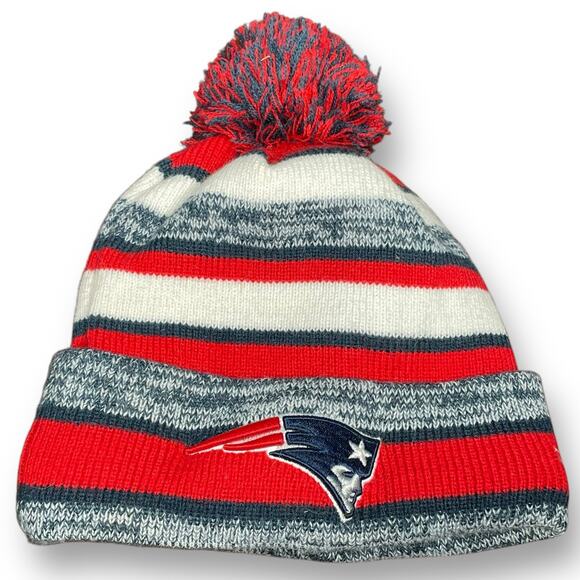 New England Patriots Beanie Pom Knit Hat NFL New Era Sport OS Football Gray Red - Picture 2 of 12